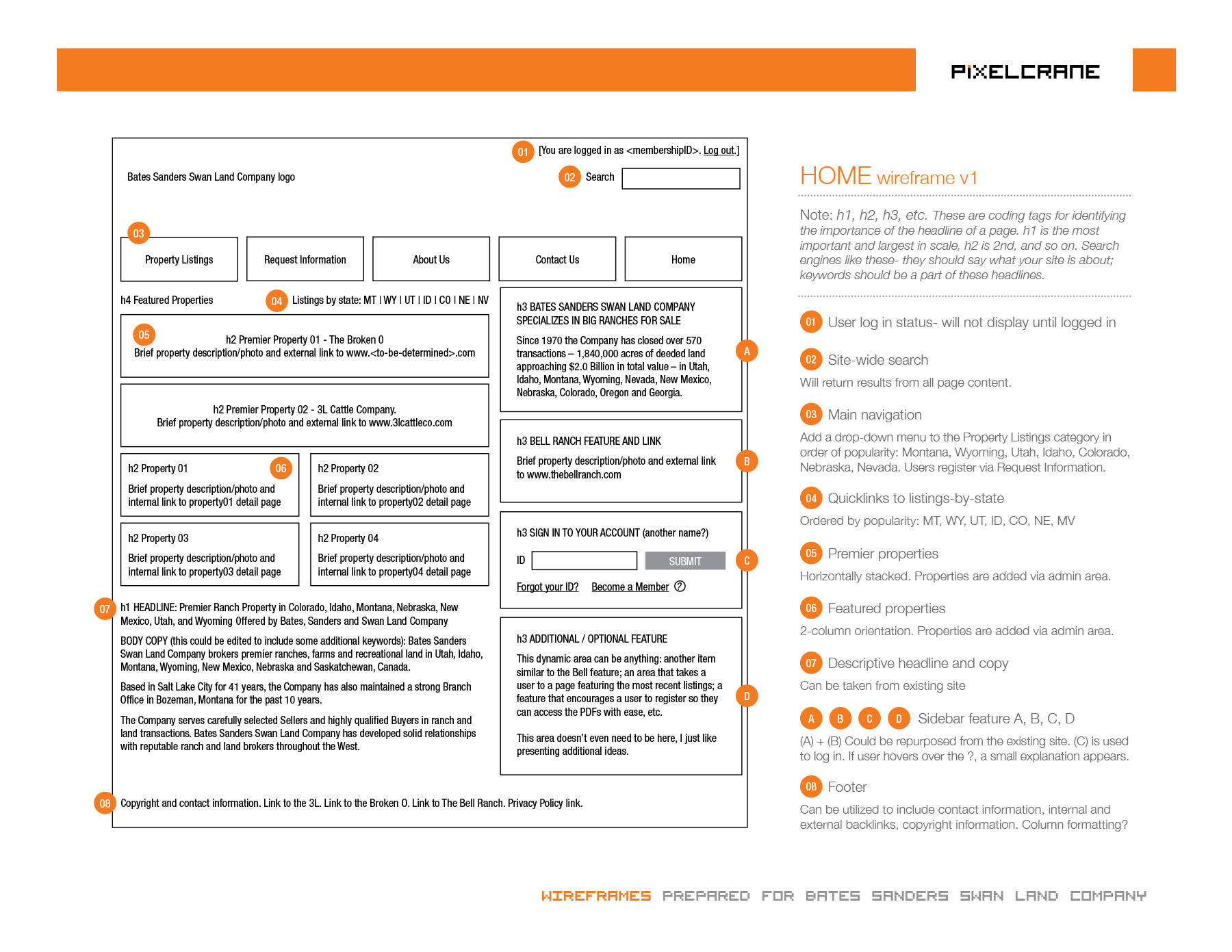 Bates Land Co. home page wireframe.