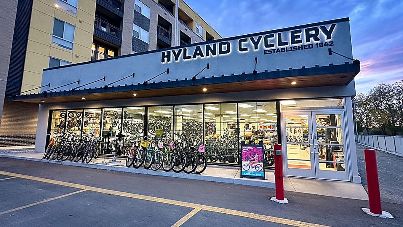 Hyland Cyclery storefront sign