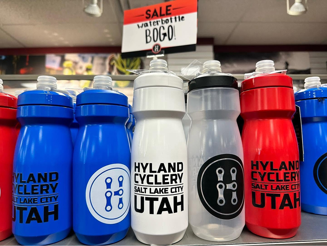 Hyland Cyclery branded water bottles