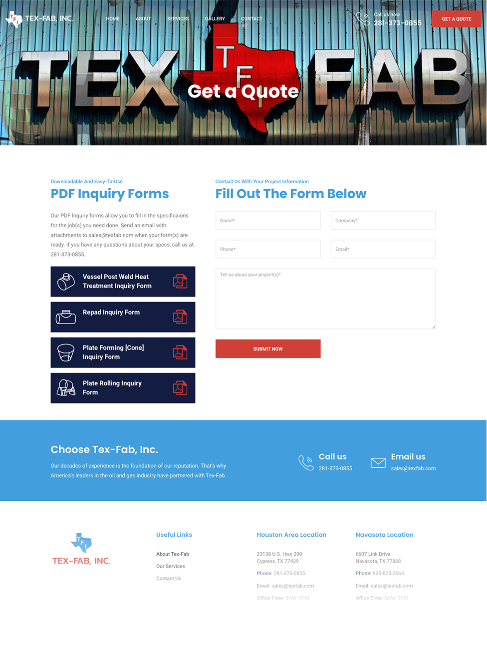 Tex-Fab quote-request and inquiry forms