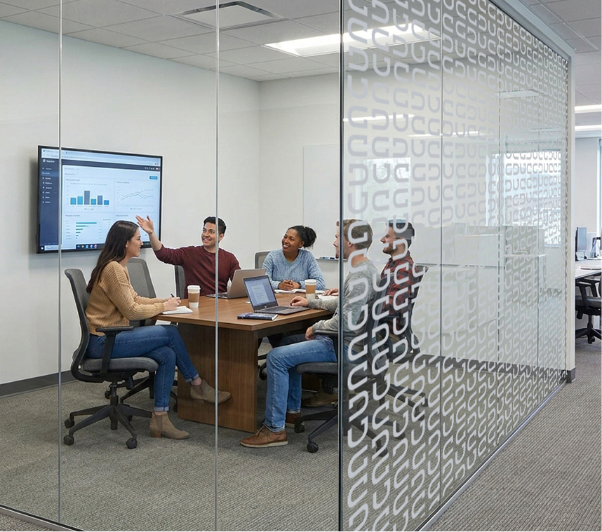 UCGD office with etched-glass branding